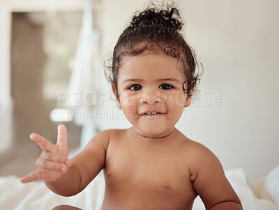 Buy stock photo Baby, rock and roll hand sign, portrait in bed, morning and happy, cool kid with rocker expression in house. Girl child  play in bedroom, smile and have fun while relax, cute and sitting in home