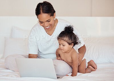 Buy stock photo Mother, crawling baby and laptop on bed of black family bedroom of freelancer working from home on maternity leave. Happy mom, love and remote work job with child development, learning and exercise 
