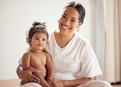 Buy stock photo Baby, mother and portrait of loving parent with her little girl at home for relaxation and care. Bonding, woman and mom with child or kid in family home for happy family and mothers day 