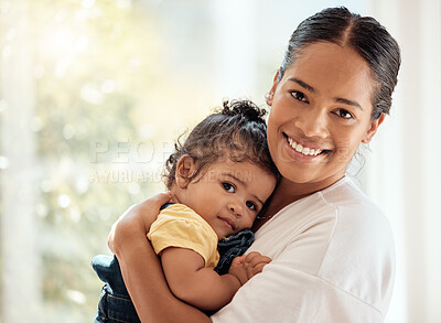 Buy stock photo Mother, baby girl or bonding hug in house bedroom or home living room in safety, love and security or support, care or protection. Smile portrait, woman or happy mom with child, toddler and cute kid
