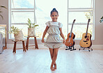 Girl, dance and ballet in home portrait for training, lesson or class in music room for happy curtsy, female child or dancer in art, dancing or happiness for creative kid in house with smile on face