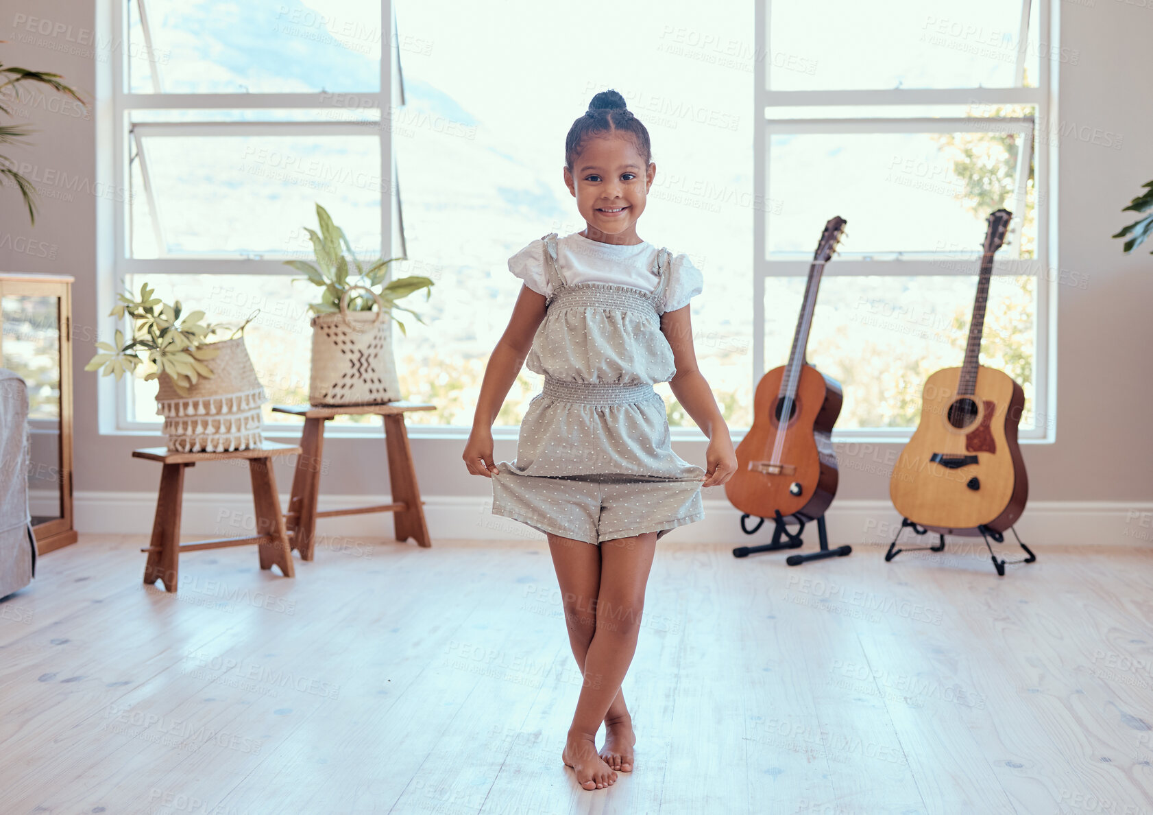 Buy stock photo Girl, dance and ballet in home portrait for training, lesson or class in music room for happy curtsy, female child or dancer in art, dancing or happiness for creative kid in house with smile on face