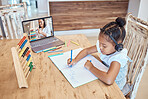 Math, laptop screen and learning child listening to teacher on headphones writing numbers for development, growth and home knowledge. Black girl student online education or elearning teacher teaching