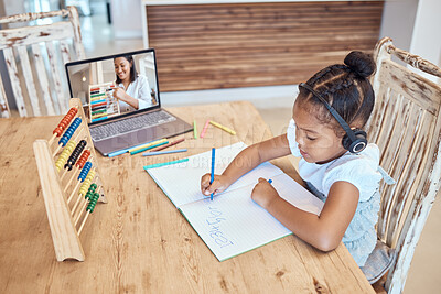 Buy stock photo Math, laptop screen and learning child listening to teacher on headphones writing numbers for development, growth and home knowledge. Black girl student online education or elearning teacher teaching