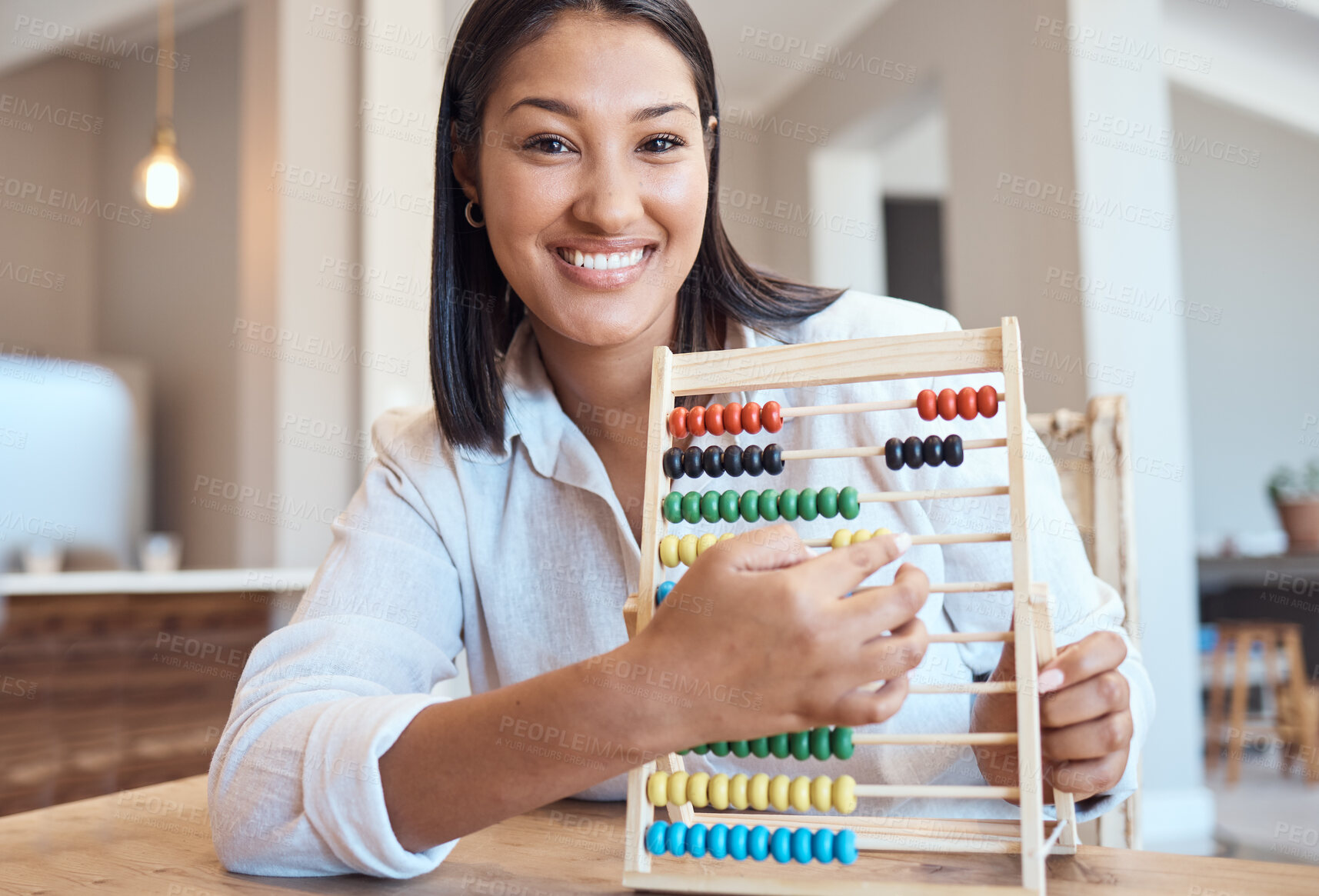 Buy stock photo Video call, woman or teacher with math abacus in lockdown homeschool lesson, webinar classroom or education learning. Portrait, smile or happy tutor vlog teaching quarantine students from house study