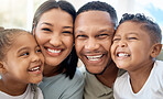 Portrait of love, black family and happy smile on faces of American group countryside holiday. Mom, dad and children hug while bonding on vacation together. Mother, father and cute kids enjoy youth 
