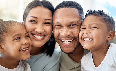 Buy stock photo Portrait of love, black family and happy smile on faces of American group on holiday. Mom, dad and children hug while bonding on vacation together. Mother, father and cute young kids enjoy childhood 