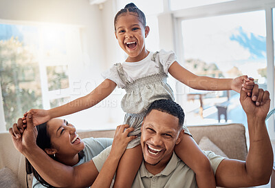 Buy stock photo Happy family, smile and piggyback playing on sofa for quality bonding or relaxing together at home. Mother, father and child smiling for joy in playful fun and family time on the living room couch