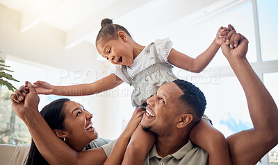 Buy stock photo Home, love and family piggy back, playing and having fun together. Happy, smile and care of father carrying girl, child or kid with mother bonding, enjoying quality family time and smiling in house.