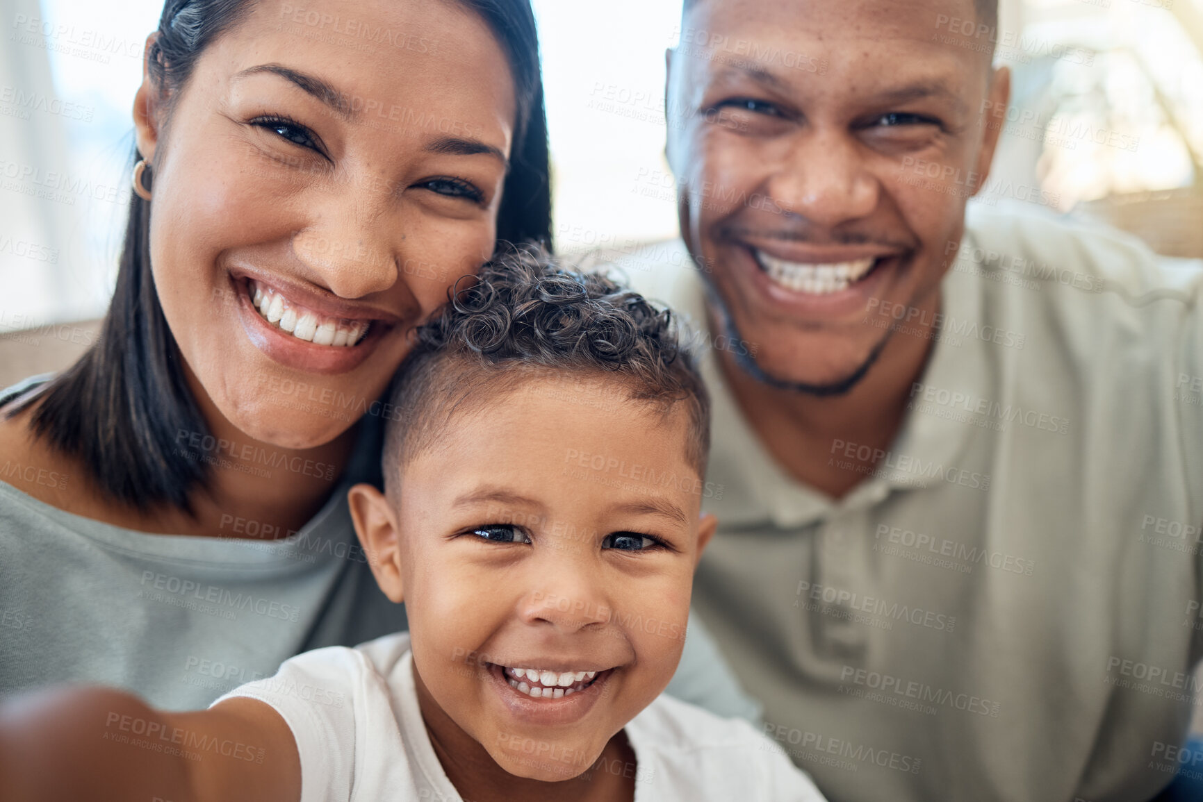 Buy stock photo Mother, father and child in a selfie or portrait in the house living room bonding and enjoying holidays as a family. Mama, dad and happy young boy kid or boy with a big smile loves pictures in Mexico