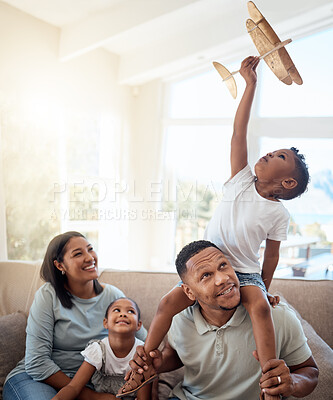 Buy stock photo Happy family playing living room with toy airplane for fun games, freedom and energy together in family home. Parents, kids and flying aeroplane toys to dream for travel, easy lifestyle and happiness