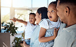 Bonding, love and parents with children in the living room of their house talking with a smile. Wow, freedom and father speaking to his girl with mother and son happy with peace in their family home