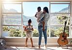 Child, window and view with mother and brother while holding her doll at home. Little girl, woman and siblings with parent looking at while bonding and relaxing with mom in the family home with love