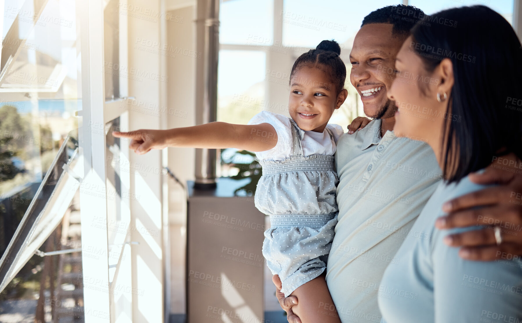 Buy stock photo Family, children and animal shelter with a mother, father and daughter at a rescue center for adoption. Love, charity and pointing with a man, woman and girl bonding as social or volunteer staff