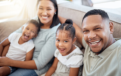 Buy stock photo Happy, relax and selfie with family on sofa for smile, support or social media app together. Technology, photographer and portrait of parents with children in living room at home for bonding and care