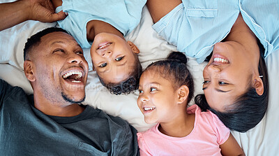 Buy stock photo Top view, family or children bonding in bedroom of house, home or relax hotel in trust, love and security support. Smile, happy or laughing kids with parents, father or mother in Indonesian apartment