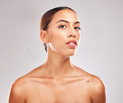 Buy stock photo Beauty, skincare and health with portrait of woman for spa, wellness and facial. Makeup, health and luxury with girl model for cosmetics, dermatology and product in gray background in studio