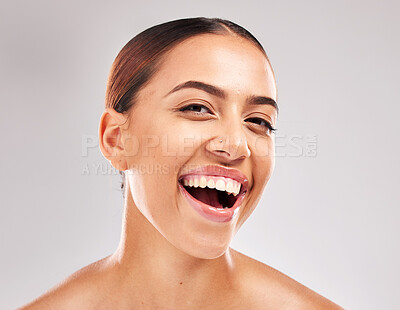 Buy stock photo Woman, face and smile with teeth for dental care, hygiene or skincare against grey studio background. Portrait of happy female smiling in satisfaction for oral cosmetics, mouth or gum care treatment