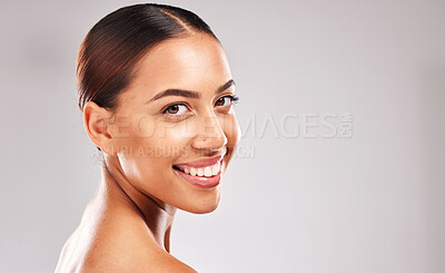 Buy stock photo Beauty, skincare portrait and smile of a woman wellness model feeling happy about glow. Girl after dermatology facial, health and cosmetic skin treatment for healthy face with happiness