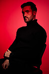 Red light, fashion model and man with designer clothes, beauty and lifestyle brand. Portrait of a contemporary, creative and edgy clothing with person looking calm, cool and modern with style