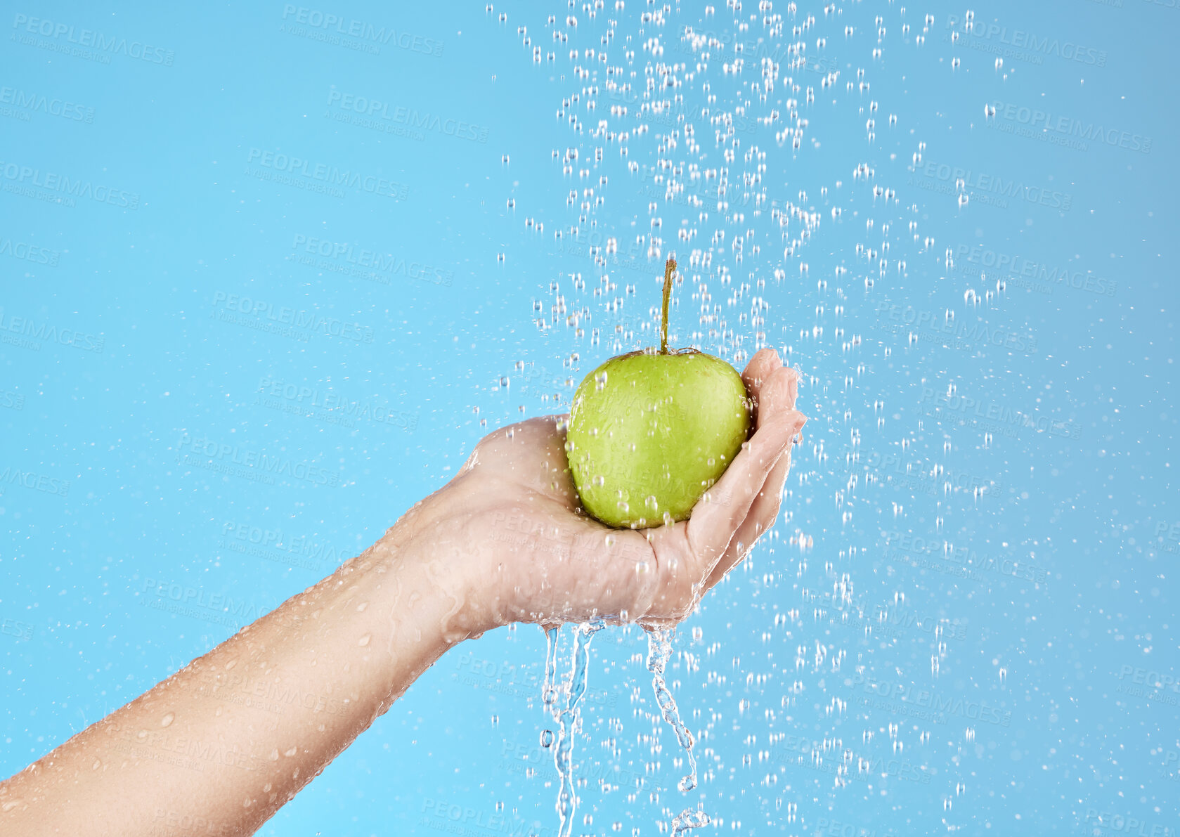 Buy stock photo Green apple, hands and water splash for healthy lifestyle, vegan diet and nutrition on studio blue background. Palm holding fruits under clean running water for wellness, detox snack and vitamins 