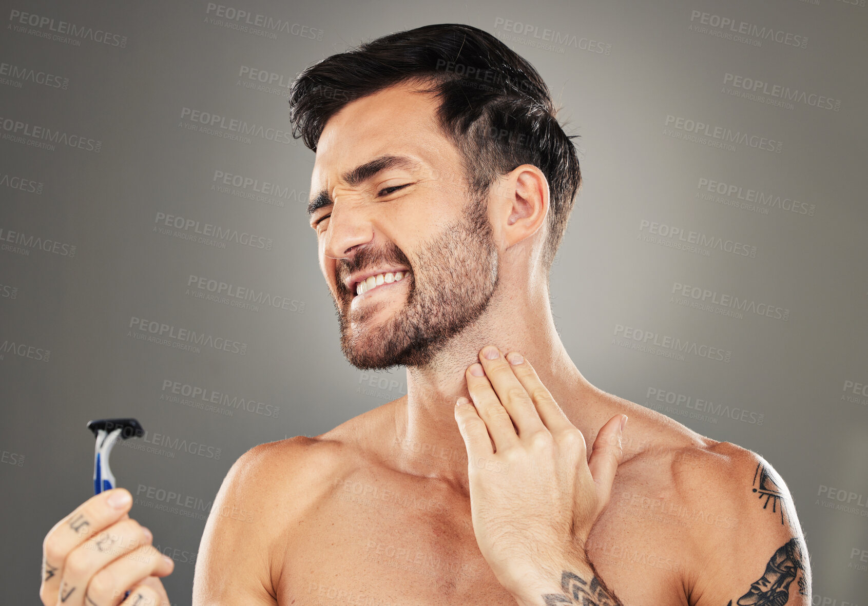 Buy stock photo Man, face and shaving pain on neck for skincare beauty or cosmetics wellness in studio. Facial care, hygiene dermatology grooming acciedent and shave beard for skin healthcare against grey background