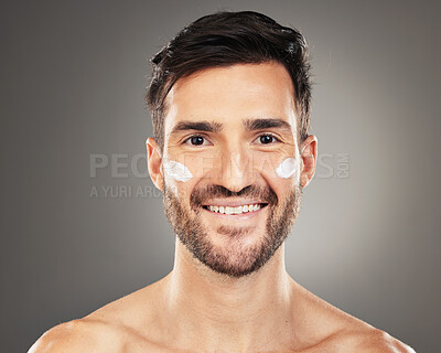 Buy stock photo Skincare, health portrait of man with cream on face for anti aging and glowing skin on studio background. Beauty, facial and male model with luxury product for healthy skin treatment and self care.