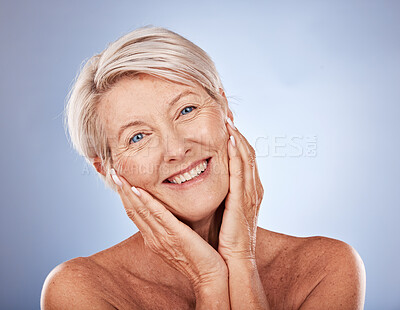 Buy stock photo Skincare, senior woman and portrait in studio for healthy glow, natural makeup or antiaging facial on mockup marketing or advertising space. Happy face, old woman model and skin care health headshot