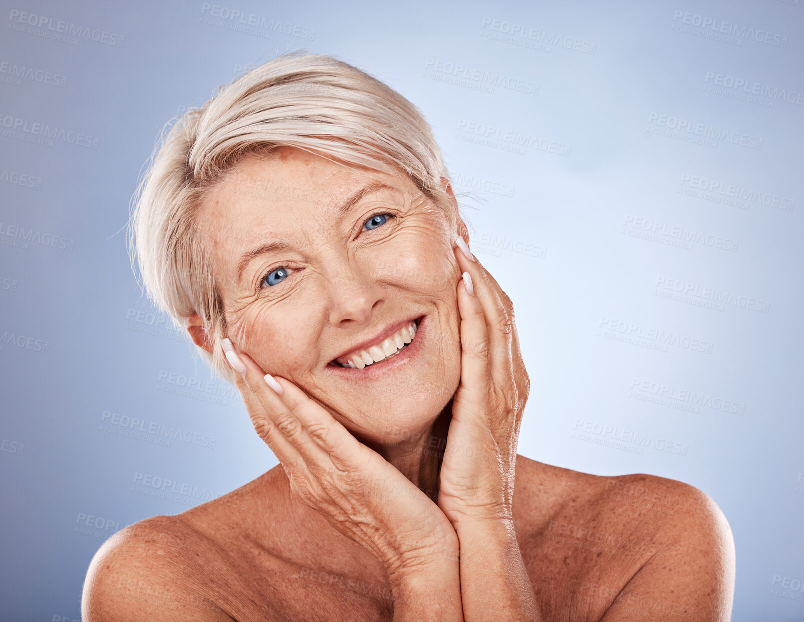 Buy stock photo Skincare, senior woman and portrait in studio for healthy glow, natural makeup or antiaging facial on mockup marketing or advertising space. Happy face, old woman model and skin care health headshot