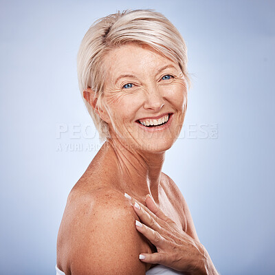 Buy stock photo Senior, skincare and beauty portrait of a elderly woman feeling happy about skin health facial. Model face with cosmetic, dermatology and smile about collagen, body wellness and glow with happiness