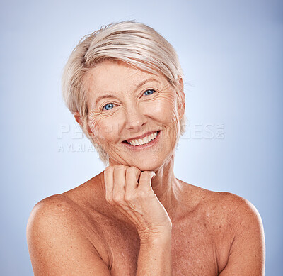 Buy stock photo Skincare, natural and beauty senior woman in studio headshot portrait for wellness, dermatology or cosmetics health. Happy, smile and face of old woman or elderly model with antiaging cosmetic facial