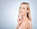 Skincare, beauty portrait and woman in studio on a gray background mockup. Luxury cosmetics, makeup and female model from Canada with glowing and healthy skin after spa beauty treatment mock up.
 
