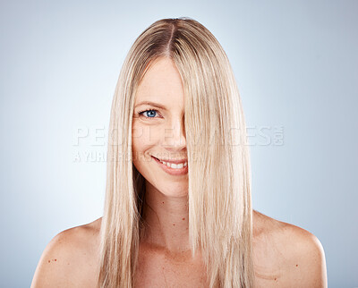 Buy stock photo Hair, woman and portrait of blond lady with healthy hair for beauty and haircare. Hair care, hairstyle and face of blonde female for cosmetology or wellness on a grey studio background