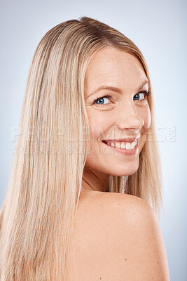 Buy stock photo Hair care, smile and portrait of a woman in studio clean, beautiful and long blond hair. Beauty, cosmetic and happy model with keratin, brazilian or salon treatment for hair style by gray background.