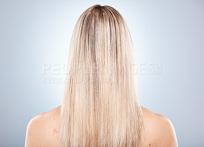 Buy stock photo Woman, hair and back of a blonde woman with keratin treatment hairstyle or hair care. Beauty salon, blond hair and hair style or haircare of a lady with healthy, beauty and long healthy hair