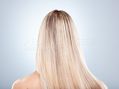 Buy stock photo Hair, beauty and keratin with a model woman in studio on a gray background to promote a haircare product. Salon, shampoo and treatment with long, strong or healthy hair at the back of a female head