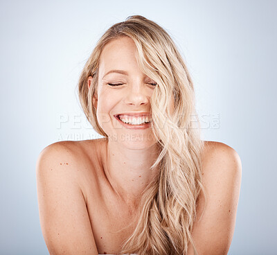 Buy stock photo Woman, hair care and smile for healthy skincare, glow and beauty with cosmetic wellness against grey studio background with mockup. Female model, happiness or advertising dental health or white teeth