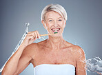 Toothbrush, portrait and senior woman dental healthcare studio mockup brushing teeth for dentist and whitening advertising. Smile of elderly model mouth with breath fresh toothpaste and water splash