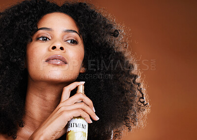 Black woman, hair care and hair spray for hair treatment in studio on  mockup background. Beauty, curly hair or female model from South Africa  with product or salon spray for hairstyle or