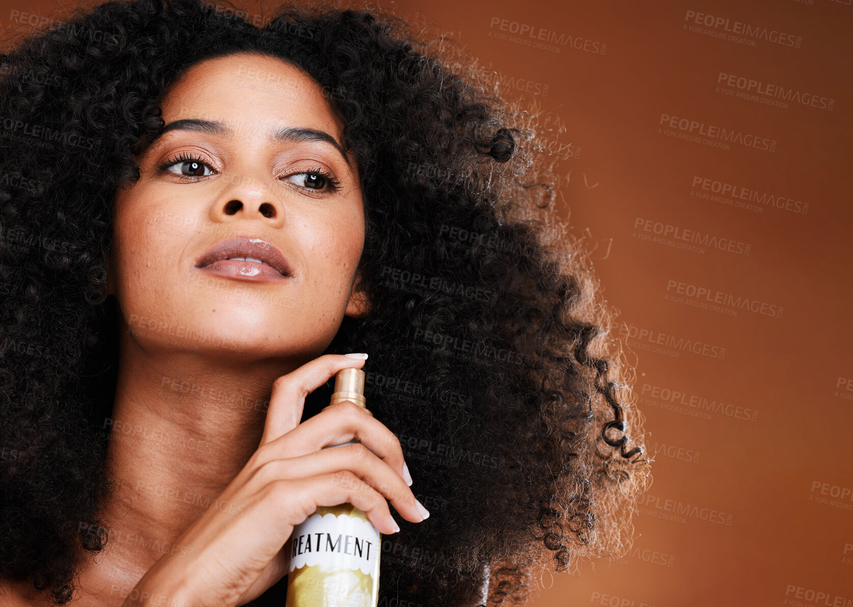 Buy stock photo Black woman, afro and hair spray for hair treatment in studio on mockup background. Beauty, curly hair or model from South Africa with hair care product or salon spray for hairstyle or hair texture