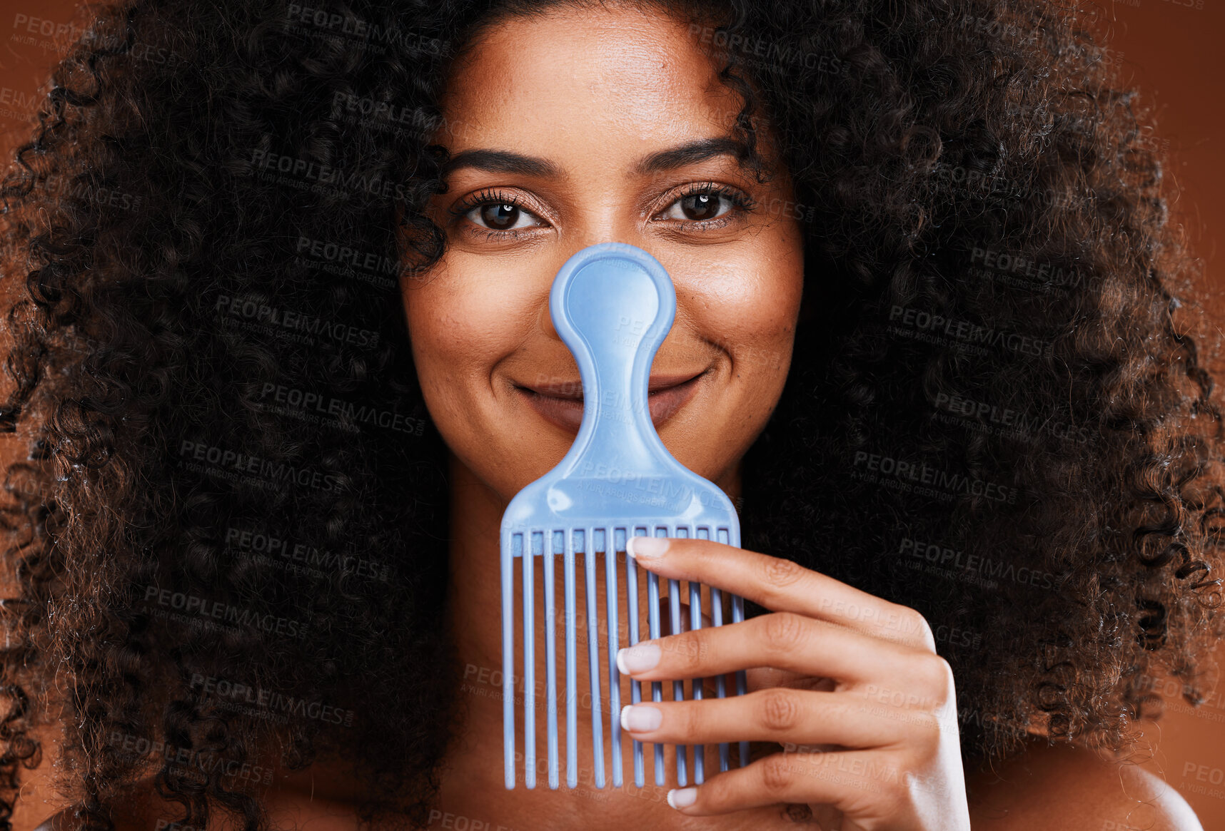 Buy stock photo Black woman face, beauty and comb for hair care, beauty and afro with smile for happy smile in studio background. Portrait of African American female smiling for beauty hairstyle or salon treatment
