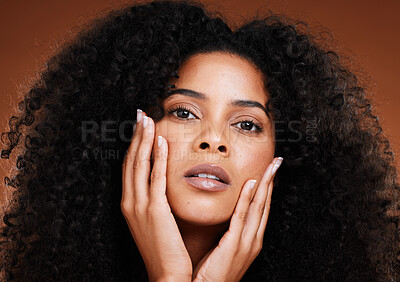 Buy stock photo Black woman, portrait and beauty or skincare with cosmetology on a brown studio background. Skincare, facial and cosmetics with an african american female with makeup or cosmetic treatment