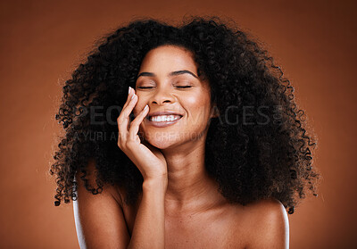 Buy stock photo Hair care, smile and black woman natural beauty of a model with skincare, wellness and healthy body. Happy, cosmetic and skin health of a person with an afro with happiness or content face with joy