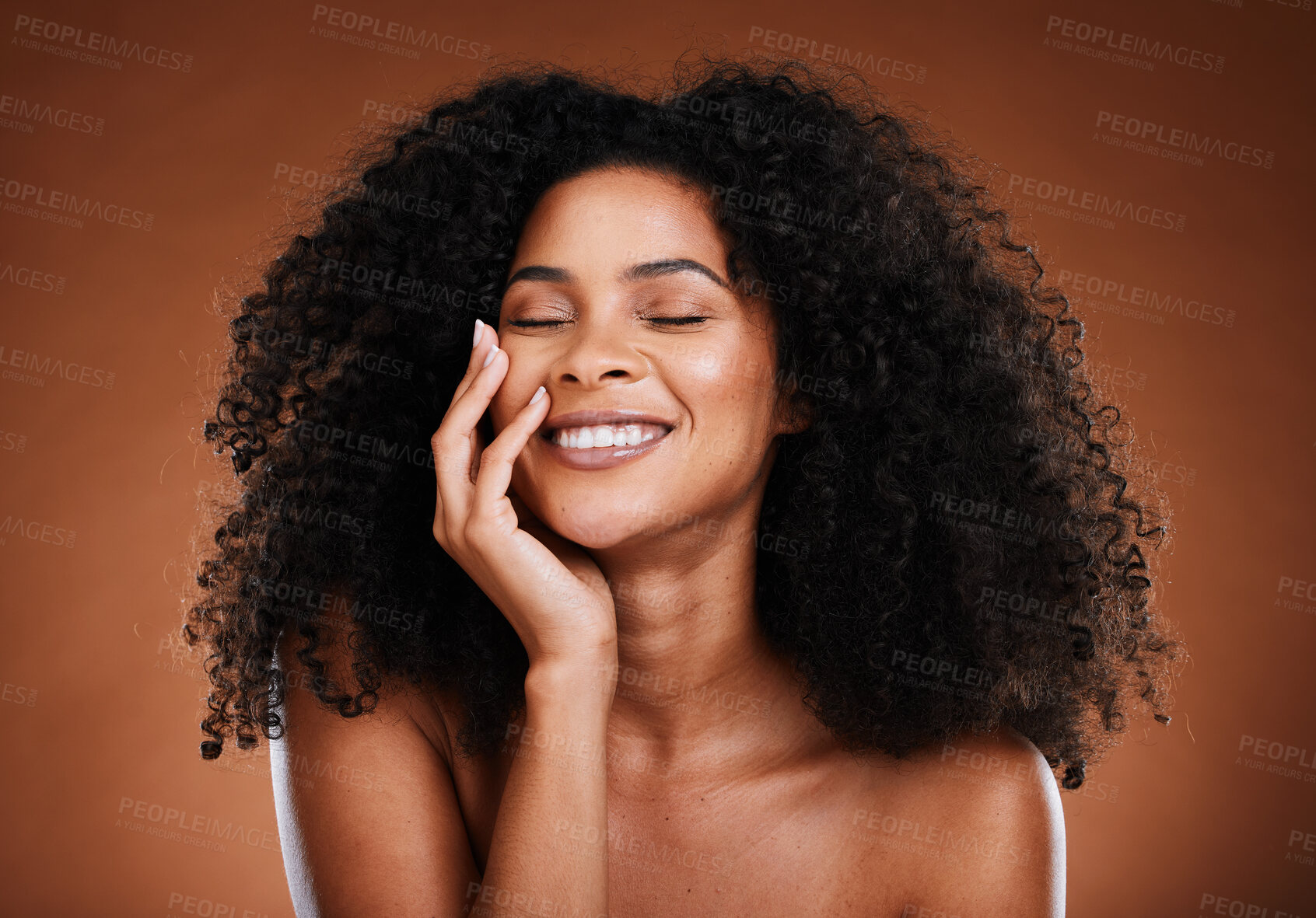Buy stock photo Hair care, smile and black woman natural beauty of a model with skincare, wellness and healthy body. Happy, cosmetic and skin health of a person with an afro with happiness or content face with joy