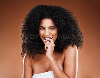 Buy stock photo Black woman, skincare and cosmetics skin wellness model with happy smile, facial cosmetic health and natural glow. Luxury spa healthcare, afro hair care and studio mockup for beauty self care product