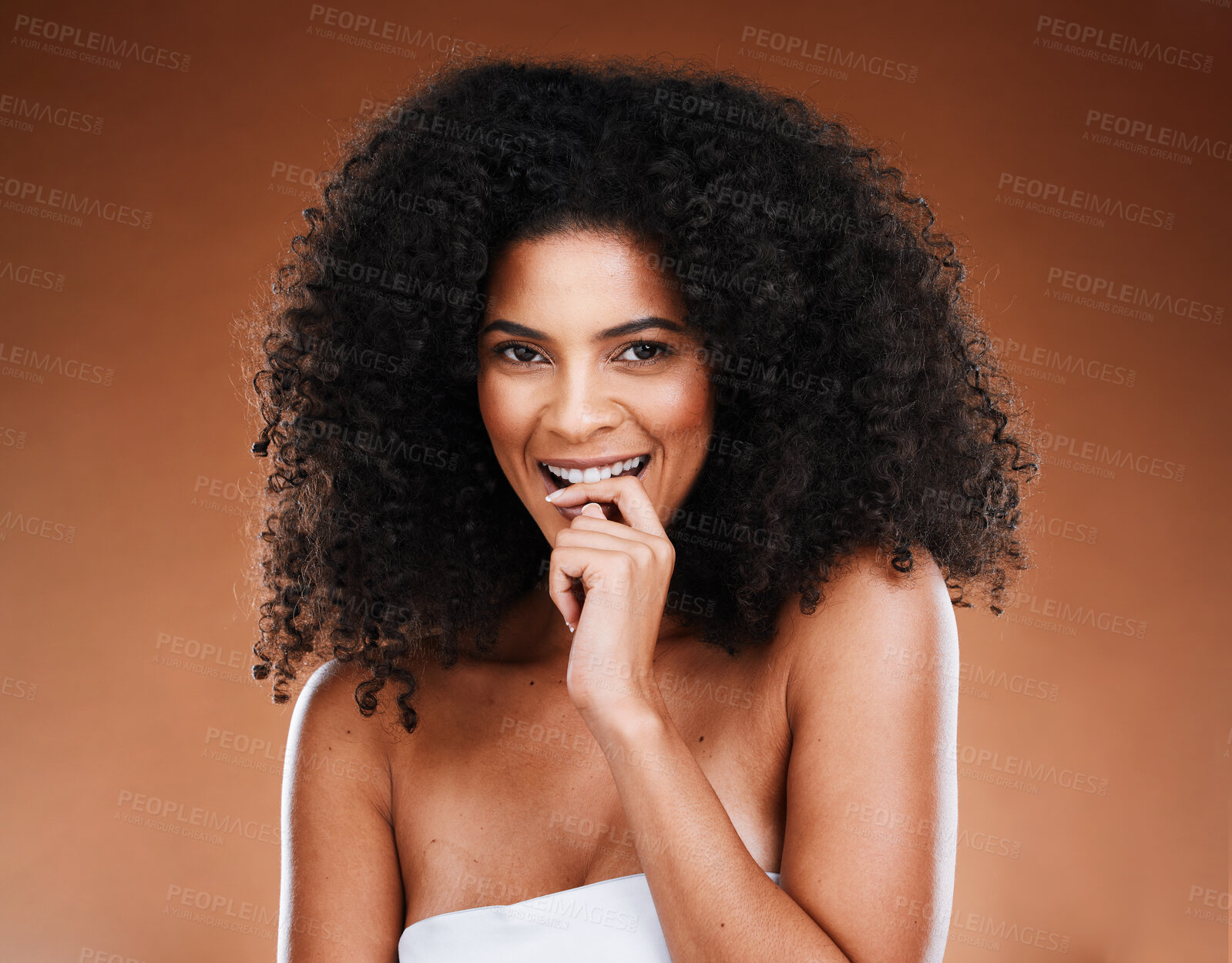 Buy stock photo Black woman, skincare and cosmetics skin wellness model with happy smile, facial cosmetic health and natural glow. Luxury spa healthcare, afro hair care and studio mockup for beauty self care product
