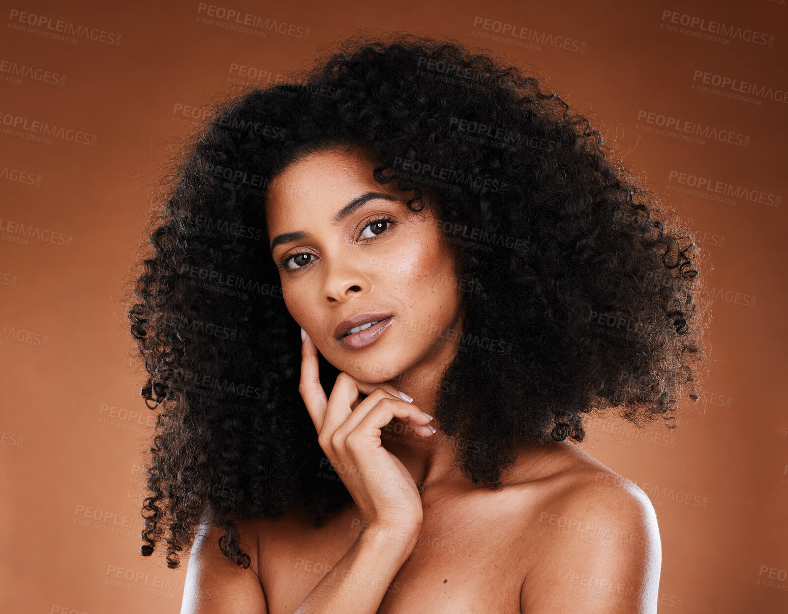 Buy stock photo Skincare, beauty and portrait of a black woman in a studio with healthy, natural and face routine. Wellness, face and African model with health, facial and cosmetic skin treatment by brown background