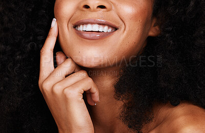 Buy stock photo Black woman, smile and touch face with natural beauty, pride and confident with curly hair. Cosmetics, African American female and young lady with skincare, happy and organic facial with smooth skin 