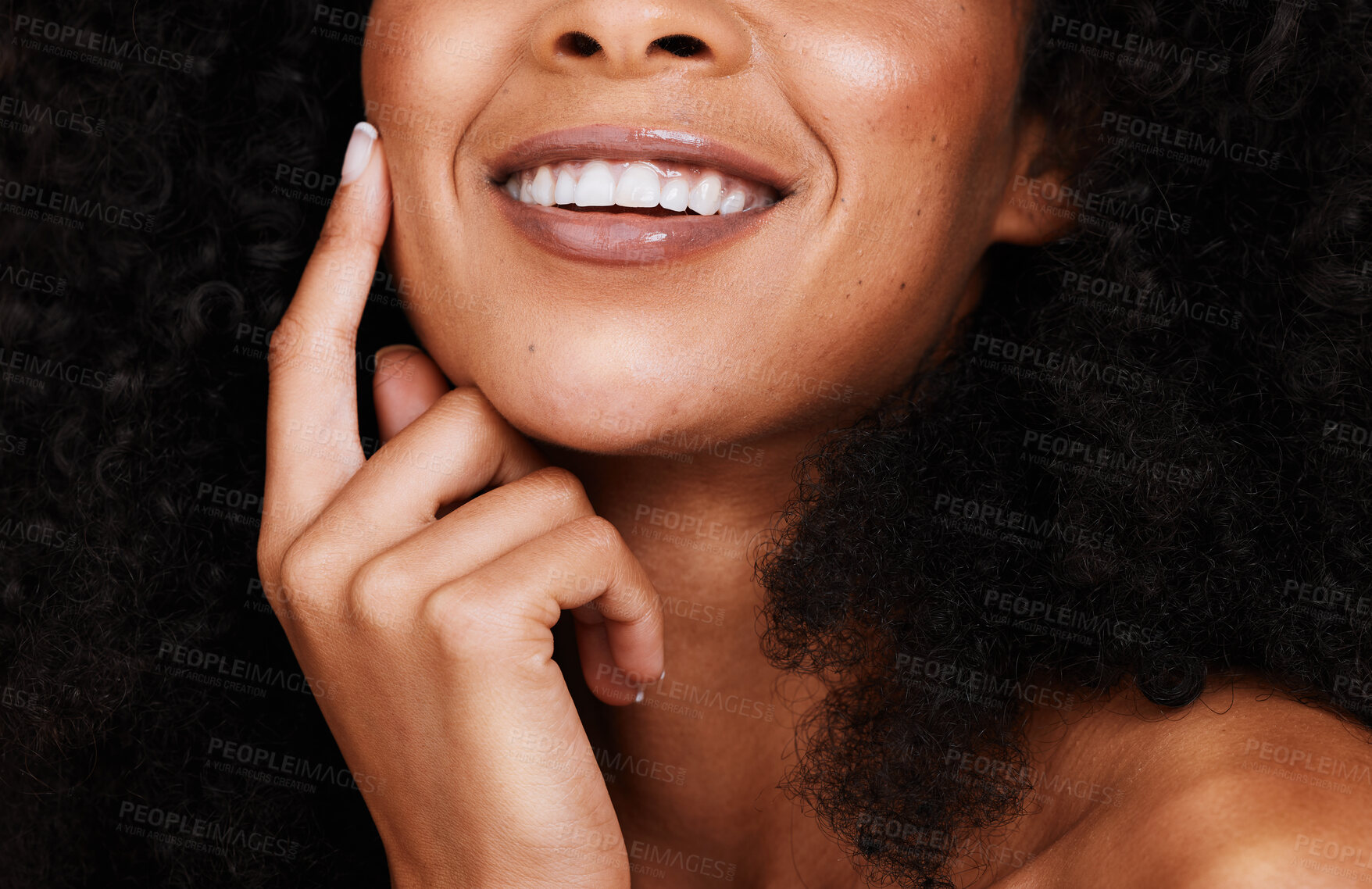 Buy stock photo Black woman, smile and touch face with natural beauty, pride and confident with curly hair. Cosmetics, African American female and young lady with skincare, happy and organic facial with smooth skin 