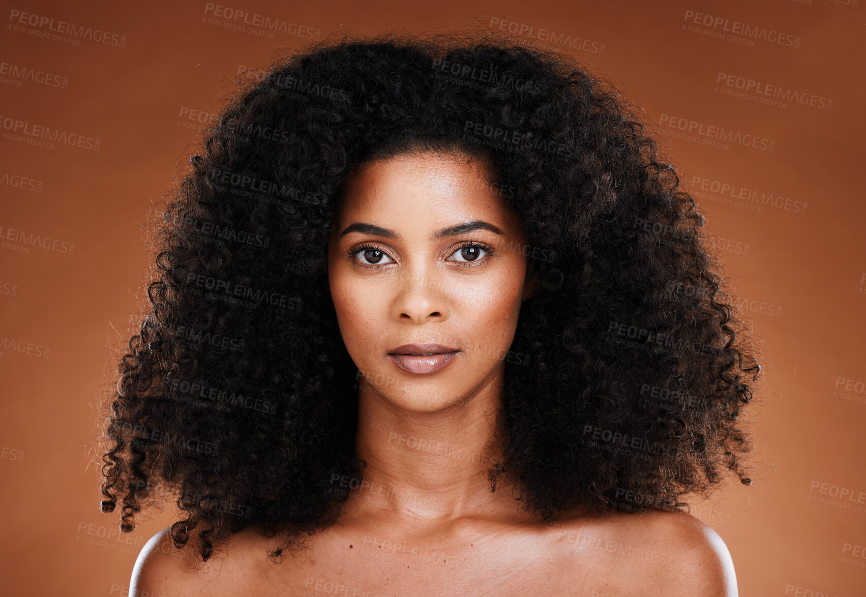Buy stock photo Beauty, hair care and portrait of black woman with skincare treatment, luxury facial cosmetics or clean glowing skin. Self care routine, makeup and face of model with afro hair volume after spa salon